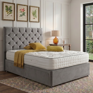 Madrid divan bed set with a stylish button-tufted headboard, featuring a sleek design and comfortable mattress from Mattress Supermarket.