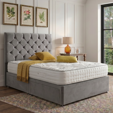 Madrid divan bed set with a stylish button-tufted headboard, featuring a sleek design and comfortable mattress from Mattress Supermarket.