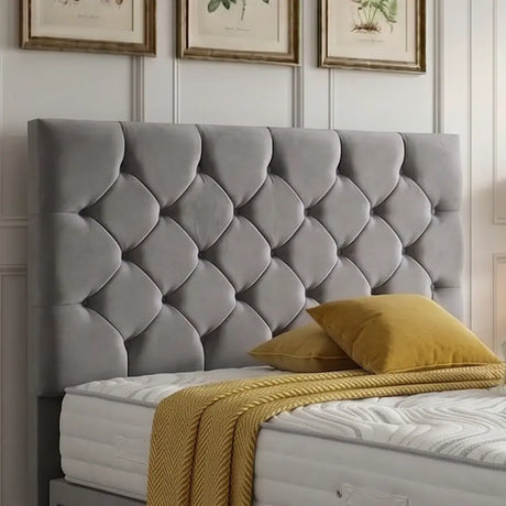 Madrid divan bed set with a button-tufted headboard and matching base, featuring a modern, stylish design for a comfortable bedroom.