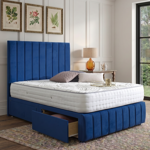Maya divan bed set with tall headboard and footboard, featuring a sleek, upholstered design for a modern bedroom look