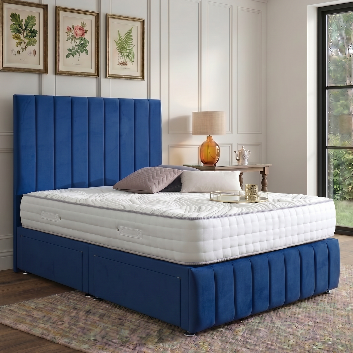 Maya divan bed set with tall headboard and footboard, featuring a sleek modern design and sturdy construction.