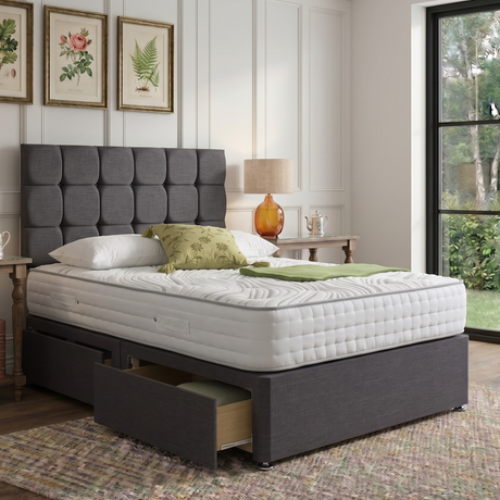 Milan divan bed set with button-tufted headboard and fabric upholstery, offering a stylish and comfortable sleeping solution.