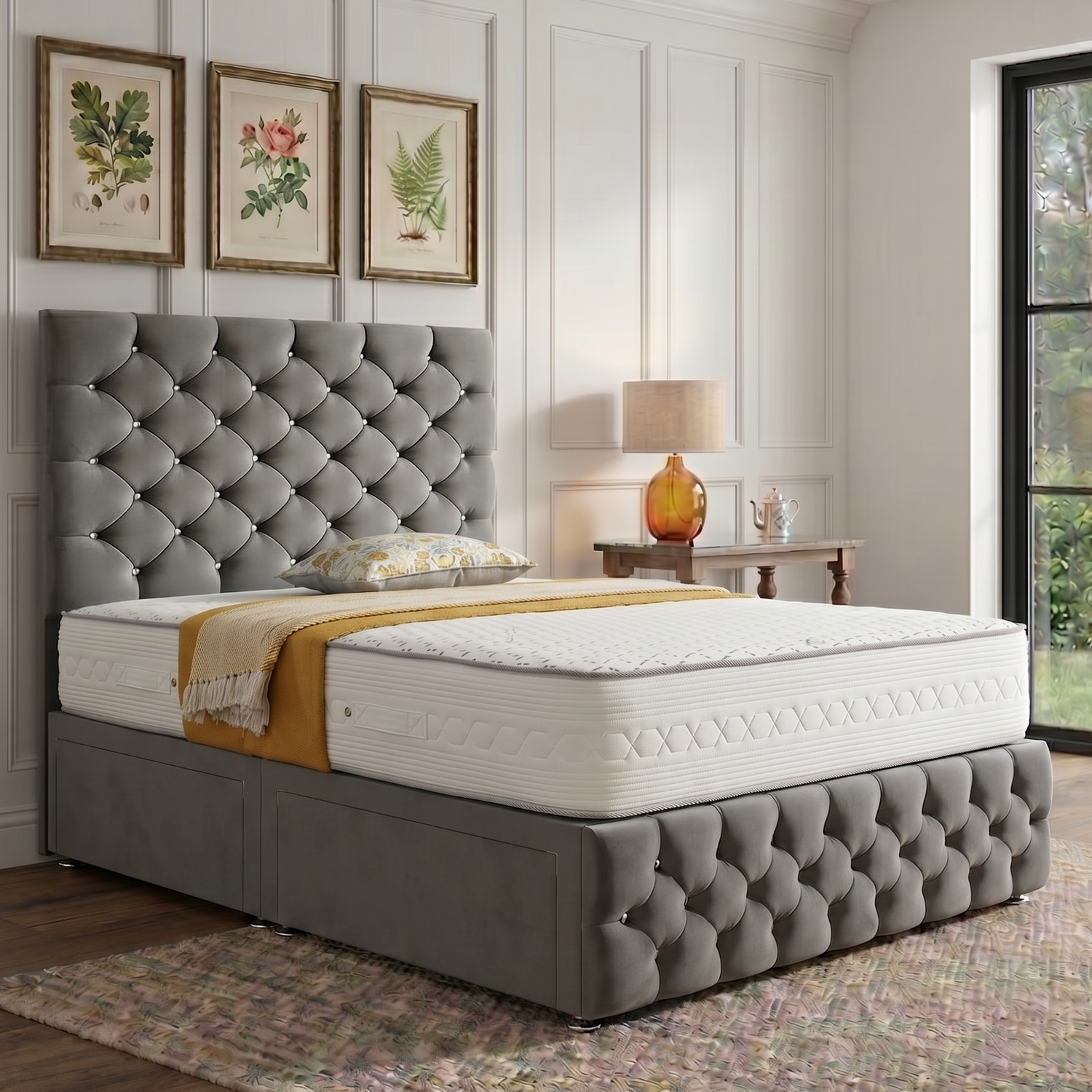 Monarch divan bed set with tall button-tufted headboard and matching footboard, featuring a sleek fabric upholstery.