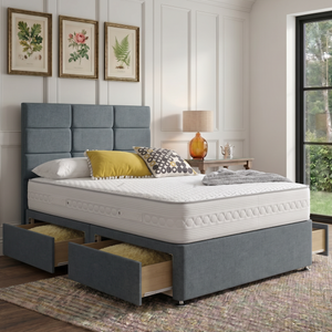 Mylo divan bed set with button-tufted headboard in a stylish bedroom setting, featuring a contemporary design and plush fabric upholstery.