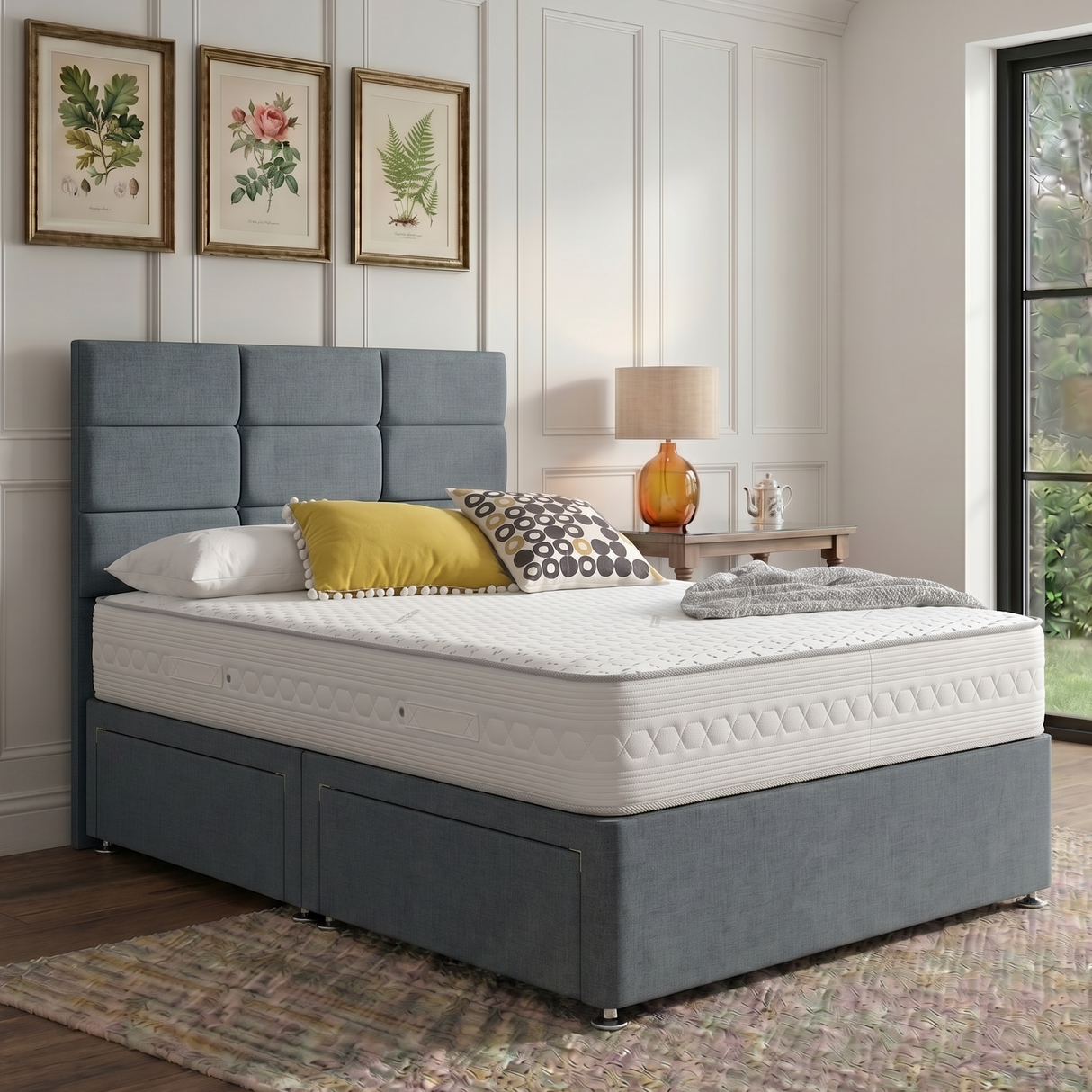 Mylo divan bed set with a stylish button-tufted headboard, featuring a clean, modern design for bedroom decor.