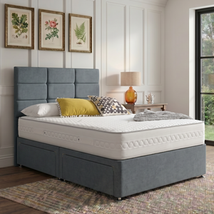 Mylo divan bed set with a stylish button-tufted headboard, featuring a clean, modern design for bedroom decor.