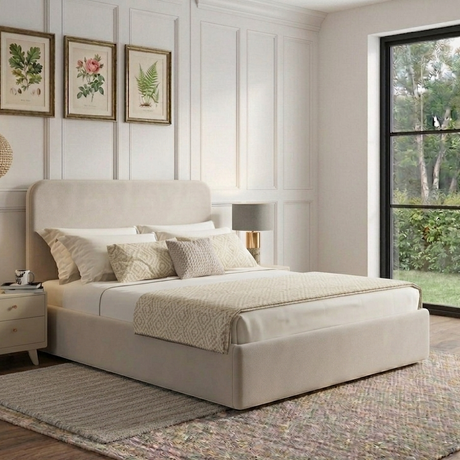 Maddie Ottoman Storage Bed Frame in a modern design with a padded headboard and spacious storage drawers underneath.
