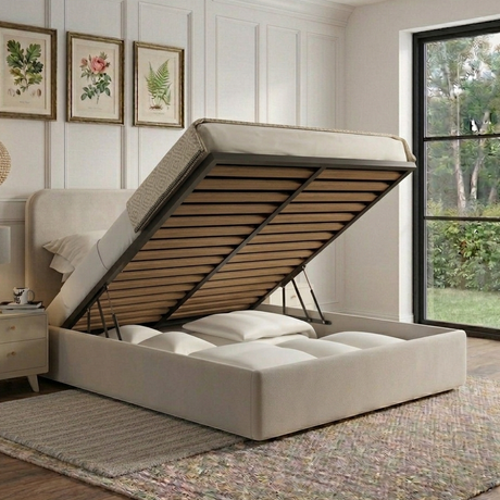 Maddie Ottoman Storage Bed Frame showing a modern wooden bed with built-in storage drawers in a contemporary bedroom setting.
