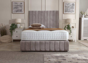 Maya divan bed set with tall headboard and footboard, featuring a modern, upholstered design for a stylish bedroom look.
