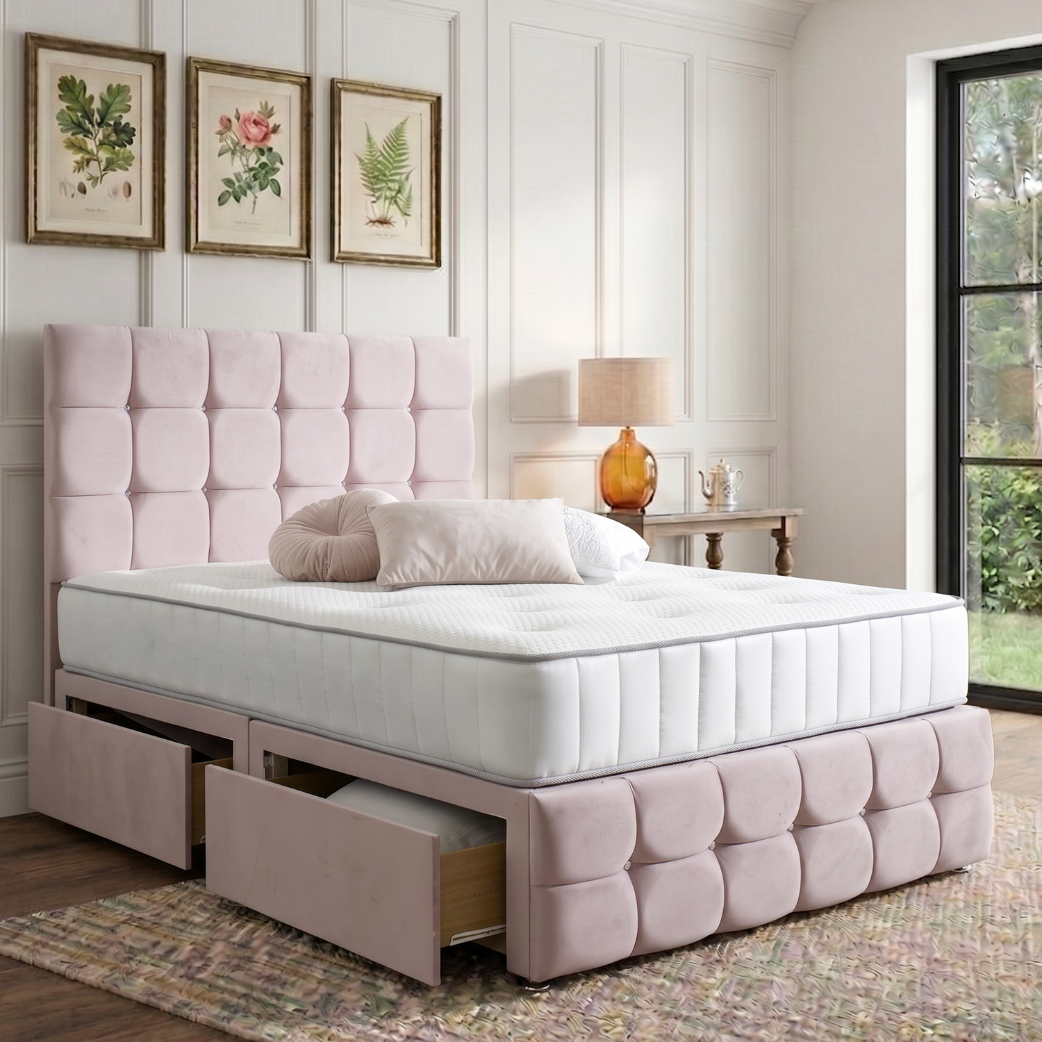 Naples Divan Bed Set With Tall Button Headboard and Footboard Mattress Supermarket