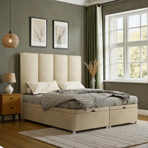 Nicola Ottoman Divan Bed Set with storage drawers, upholstered in beige fabric, featuring a padded headboard and modern design.