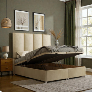 Nicola Ottoman Divan Bed Set with storage drawers and upholstered fabric, showcasing a modern bedroom furniture piece.