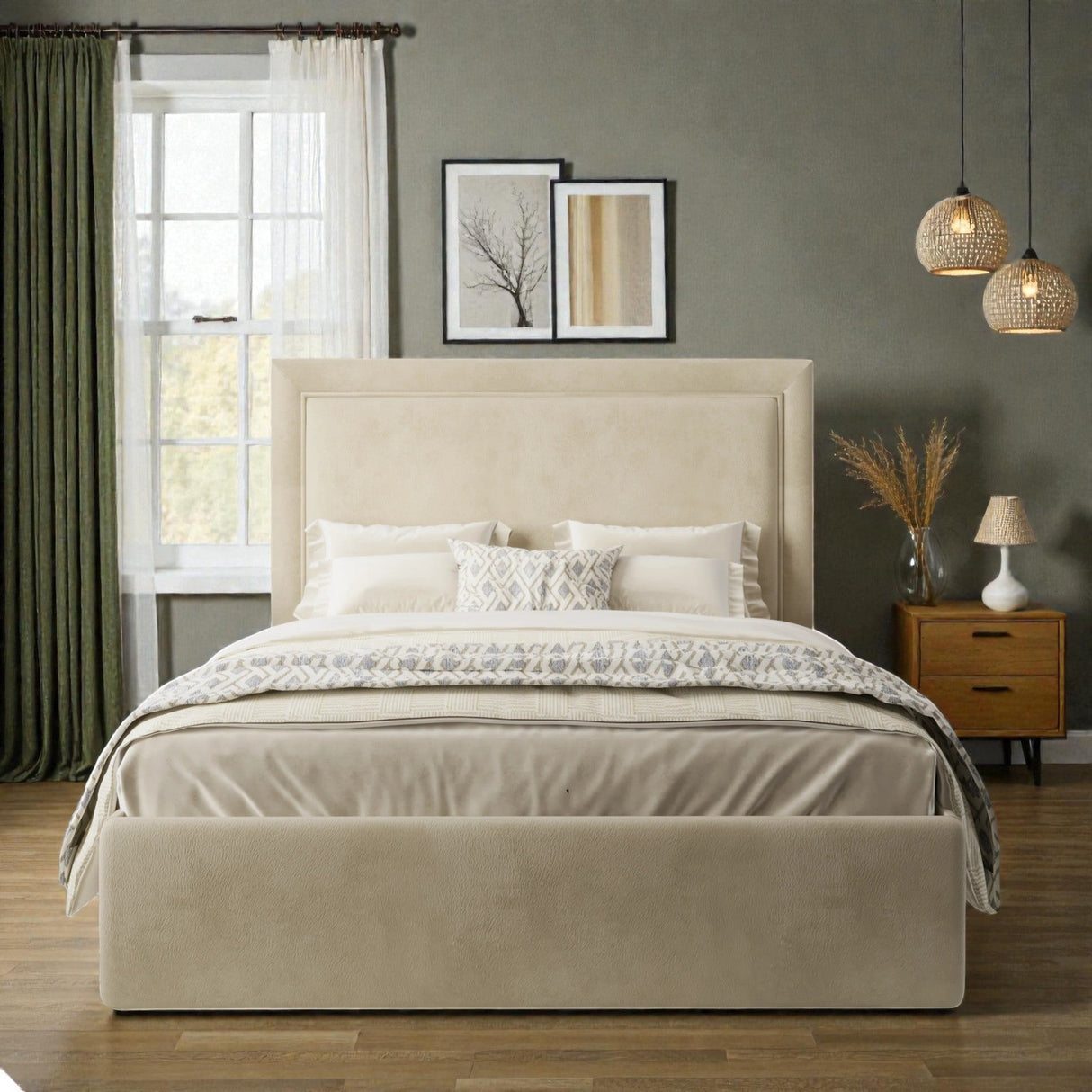 Nyla Ottoman Storage Bed Frame by Mattress Supermarket with padded upholstery and built-in storage drawers in a modern bedroom setting.