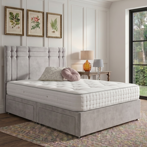 Oslo divan bed set with a button-tufted headboard and storage drawers, featuring a modern design and plush fabric upholstery.