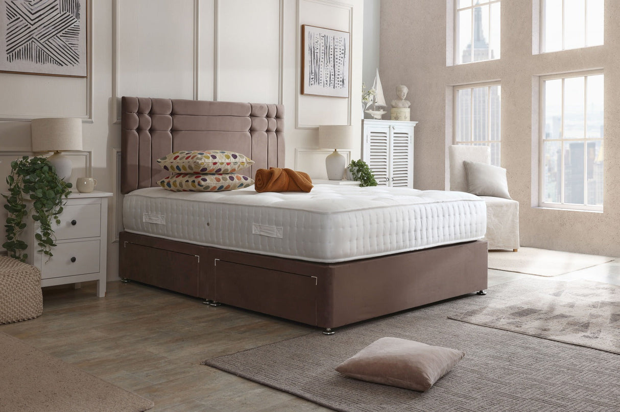 Oslo divan bed set with button-tufted headboard, featuring a modern upholstered design and storage drawers, by Mattress Supermarket.