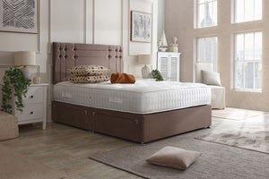 Oslo divan bed set with button-tufted headboard, featuring a modern upholstered design and storage drawers, by Mattress Supermarket.