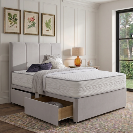 Paris divan bed set with a cushioned headboard, featuring a sleek, modern design for bedroom comfort and style.