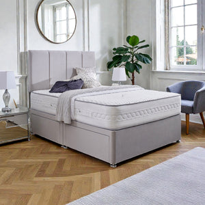 Paris divan bed set with matching headboard, featuring clean lines and modern design, shown in a stylish bedroom setting.