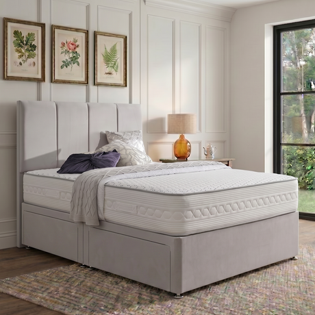 Elegant Paris divan bed set with a padded headboard, featuring a sleek and modern design for a stylish bedroom.