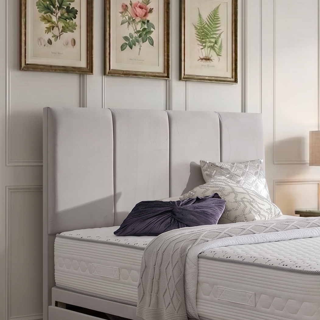 Paris divan bed set with matching headboard from Mattress Supermarket, featuring a sleek upholstered design and sturdy construction.