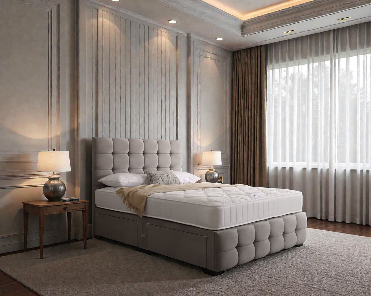 Naples divan bed set with tall button-tufted headboard and matching footboard, featuring a modern design and plush upholstery.