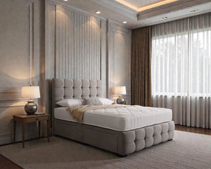 Naples divan bed set with tall button-tufted headboard and matching footboard, featuring a modern design and plush upholstery.