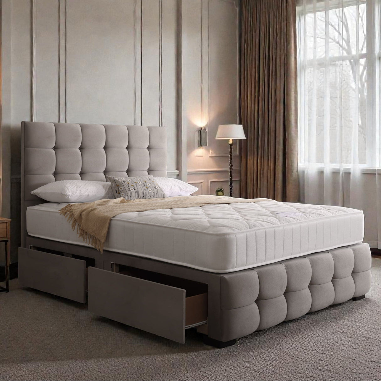 Naples divan bed set with tall button-tufted headboard and footboard, featuring a plush upholstered design for a modern bedroom.