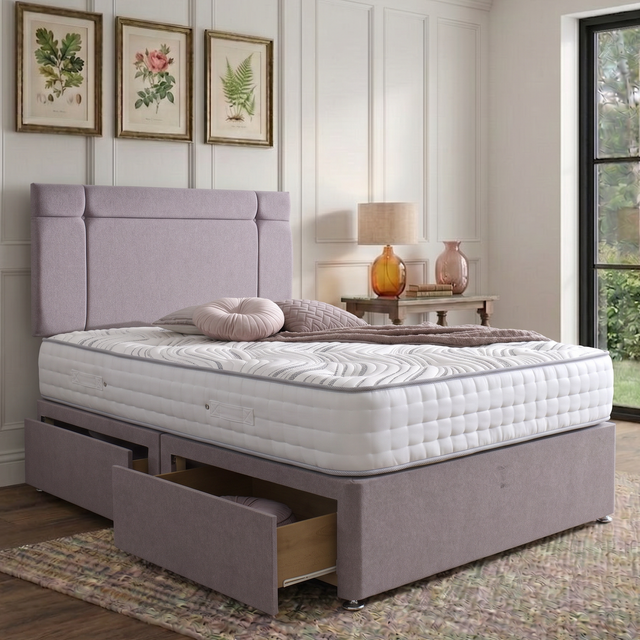 Prague divan bed set with a button-tufted headboard and matching base, stylish and comfortable bedroom furniture from Mattress Supermarket.