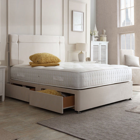 Prague divan bed set with button-tufted headboard, featuring a sleek, modern design and plush fabric upholstery.
