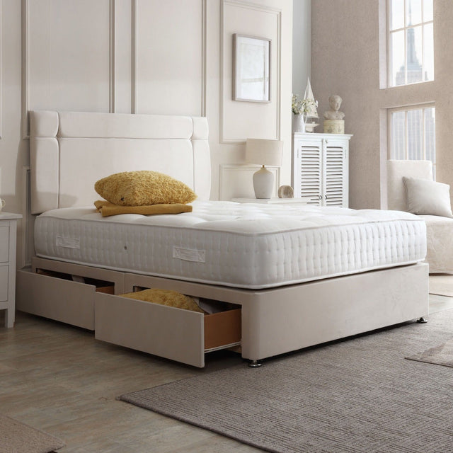Prague divan bed set with button-tufted headboard and matching base, featuring a modern, upholstered design for contemporary bedrooms.