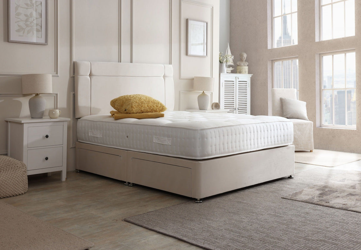 Prague divan bed set with button-tufted headboard and matching base, featuring a modern design and neutral upholstery.