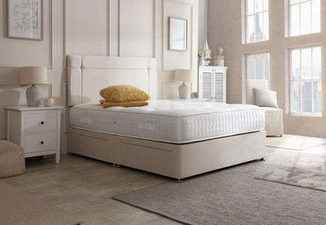 Prague divan bed set with button-tufted headboard, featuring a sleek, upholstered design for a modern bedroom look.