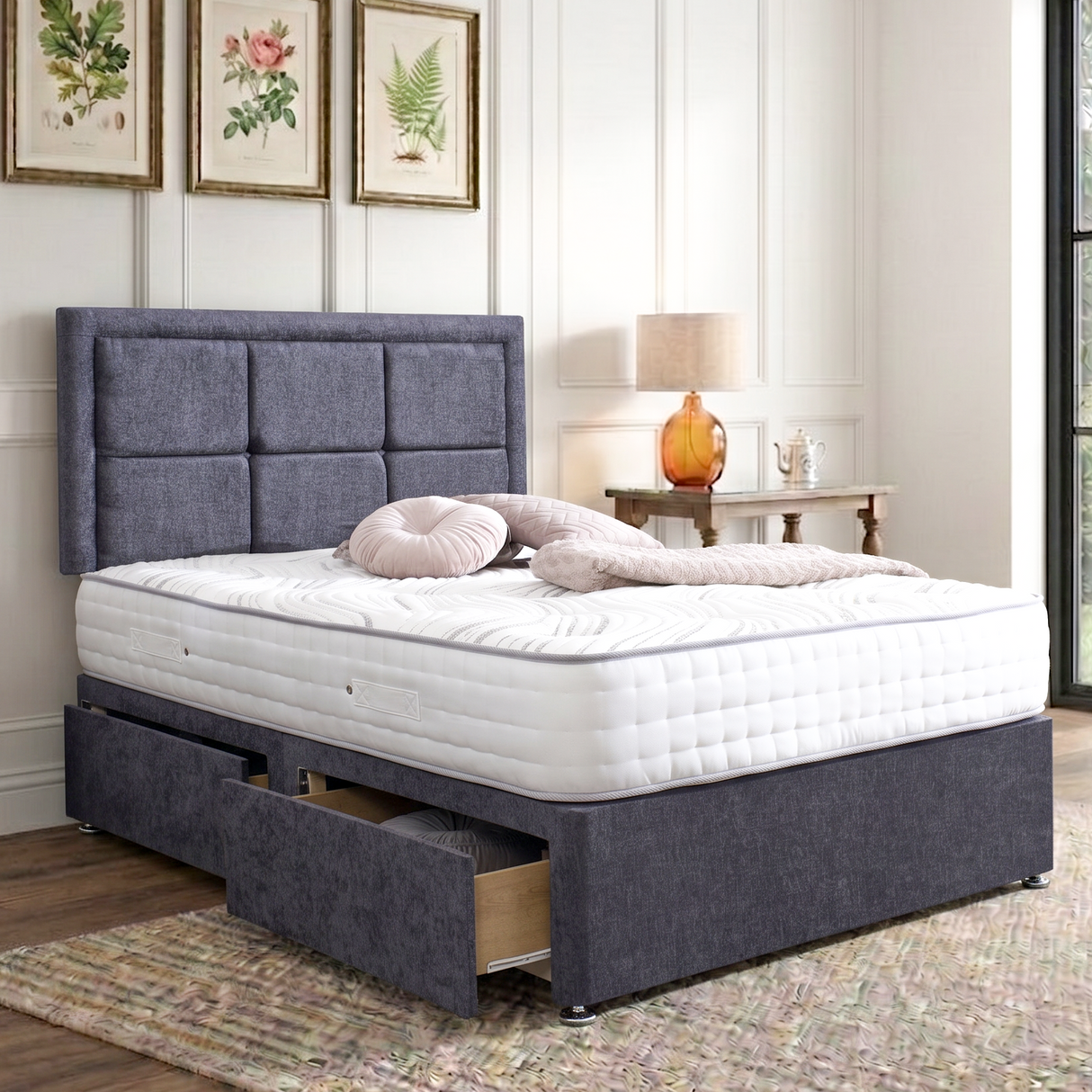 Riga Divan Bed Set With Button Border Headboard Mattress Supermarket