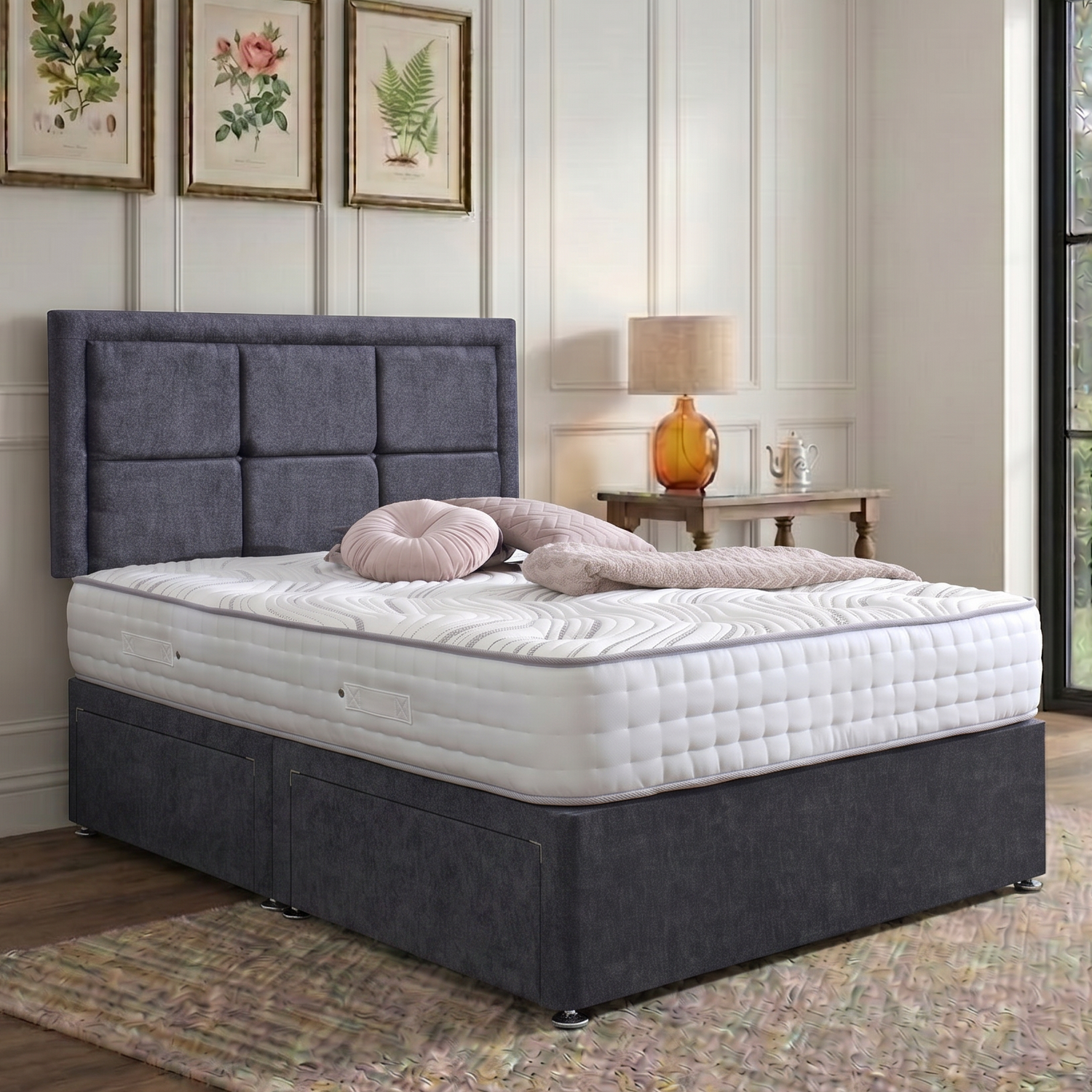 Riga divan bed set with a button border headboard in neutral fabric, showcasing a modern bedroom furniture design.