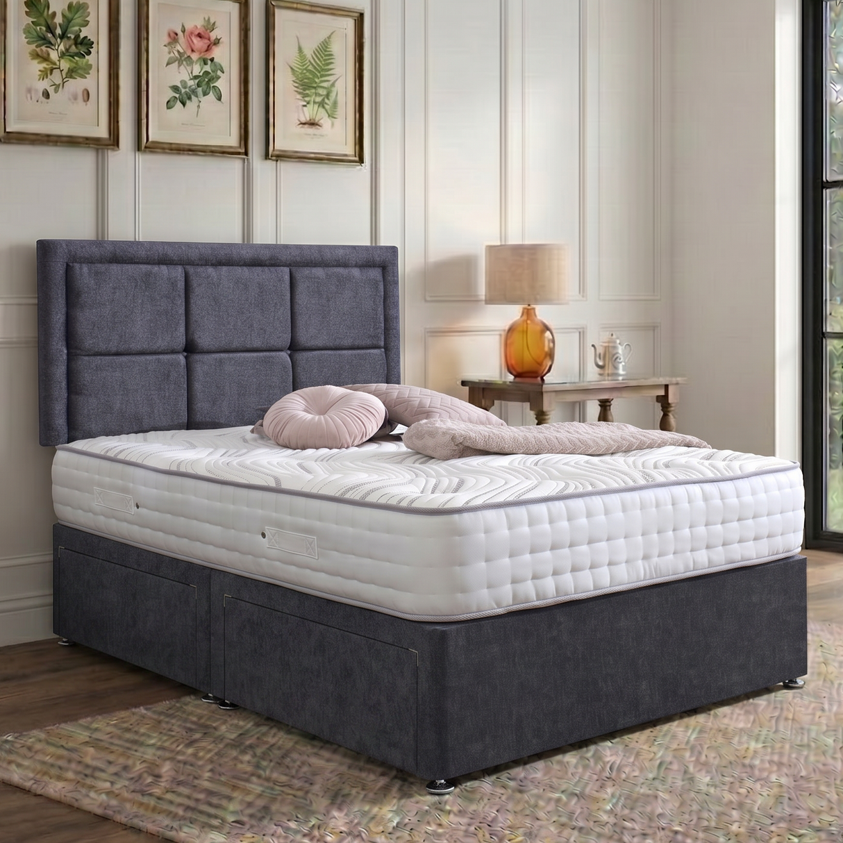 Riga divan bed set with a button border headboard in neutral fabric, showcasing a modern bedroom furniture design.