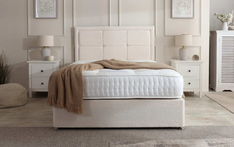 Riga divan bed set with a modern button-bordered headboard, featuring a sleek, upholstered design for a stylish bedroom.