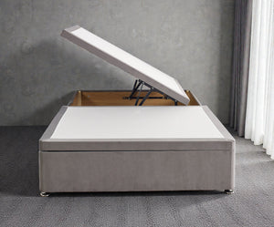 Side lift Ottoman storage divan bed base in fabric with a sturdy frame, designed for easy access and extra bedroom storage.