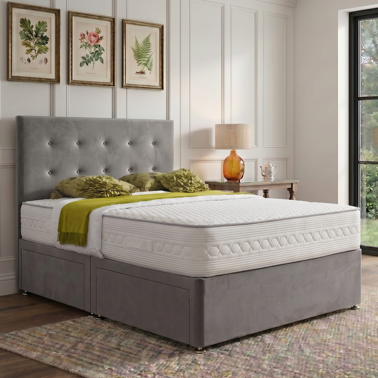 Elegant Sofia divan bed set with button-tufted headboard, featuring a modern design and plush upholstery for a stylish bedroom.