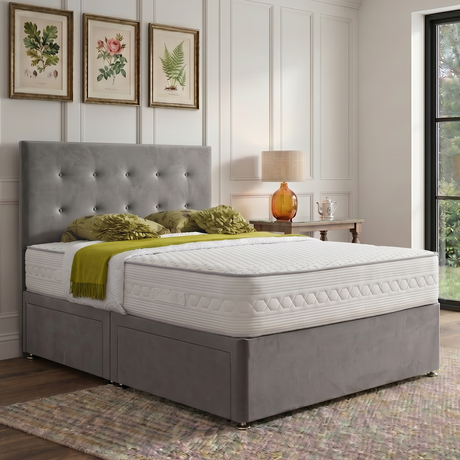 Elegant Sofia divan bed set with button-tufted headboard, featuring a modern design and plush upholstery for a stylish bedroom.