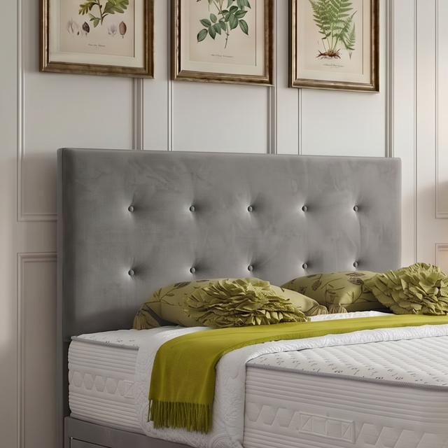 Sofia upholstered button headboard in neutral fabric, showcasing tufted design and elegant style for a bedroom.