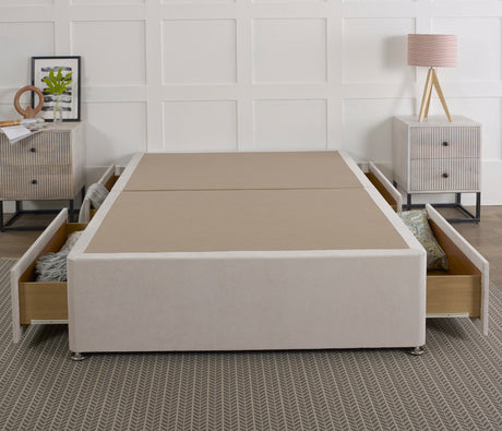 Standard platform divan bed base by Mattress Supermarket, showcasing a sturdy, upholstered divan base with clean lines and storage options.