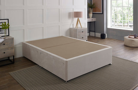 Standard platform divan bed base from Mattress Supermarket, showcasing a sturdy, upholstered storage bed base with a modern design.