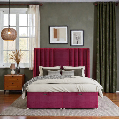 Serena wingback ottoman storage divan bed set with upholstered headboard and storage space, featuring a modern design.