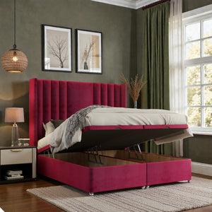 Serena wingback ottoman divan bed set with storage drawers, upholstered in fabric, featuring a padded headboard and modern design.