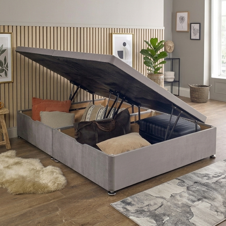 Side lift ottoman storage divan bed base from Mattress Supermarket with a fabric-covered frame and side lifting mechanism.