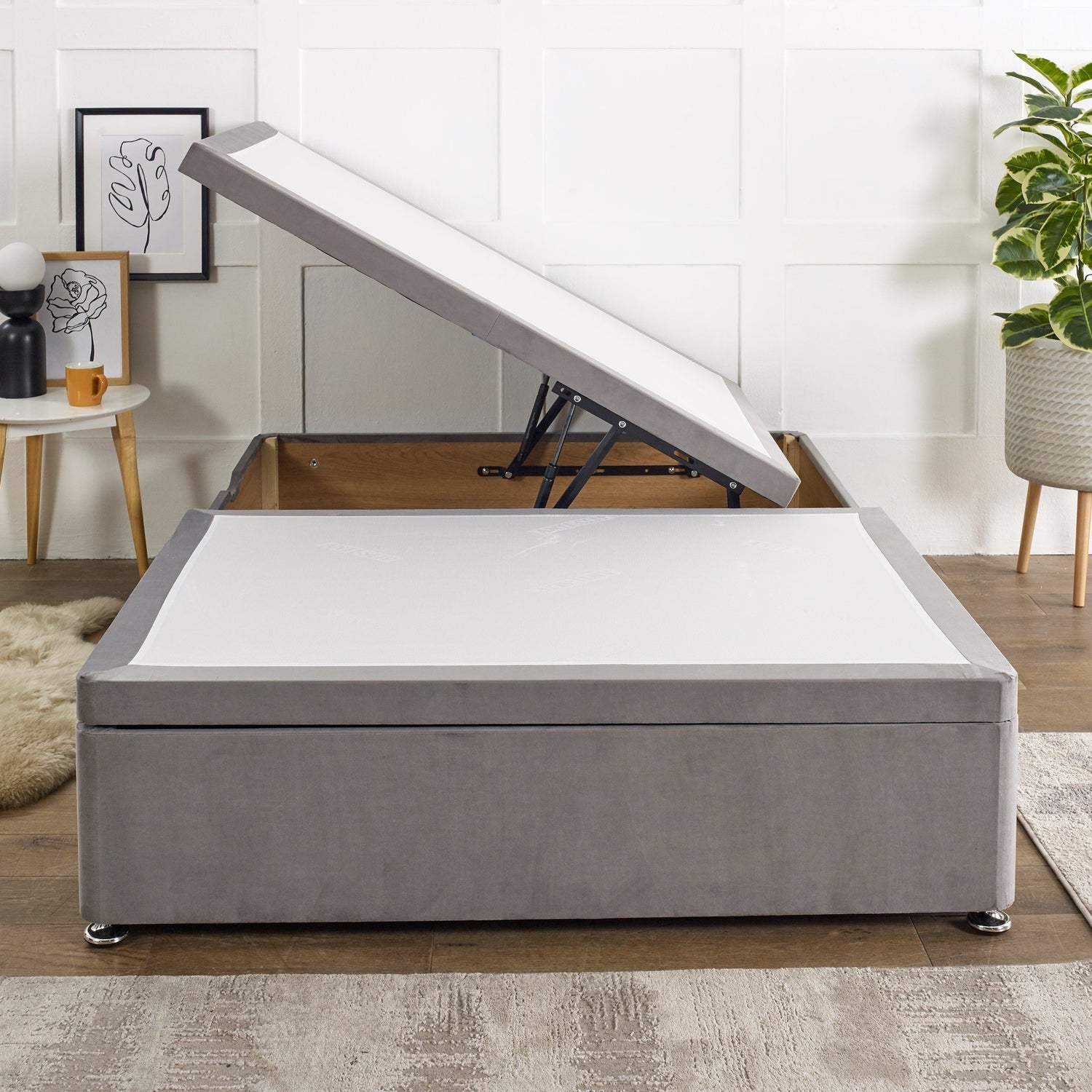 Side lift ottoman storage divan bed base by Mattress Supermarket featuring a sleek design and accessible lifting mechanism.