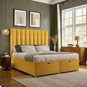 Teresa Ottoman Divan Bed Set with storage drawers, upholstered in neutral fabric, featuring a padded headboard and clean lines.