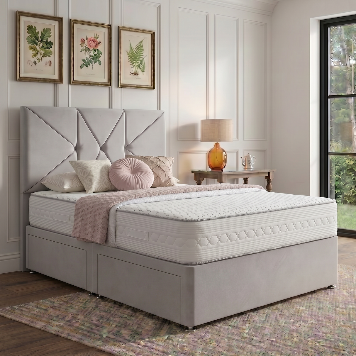 Venice divan bed set with a button-tufted headboard in a modern bedroom setting, featuring a comfortable upholstered base.