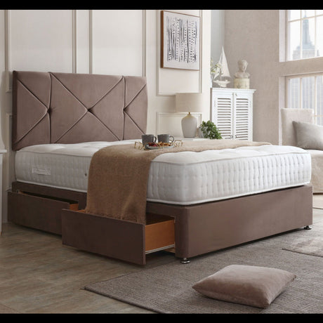 Venice divan bed set with button-tufted headboard and matching mattress in a modern bedroom setting