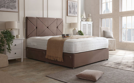 Venice divan bed set with button-tufted headboard, featuring a modern upholstered design and sturdy base for bedroom comfort.